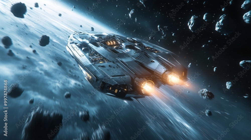 Poster a futuristic spaceship maneuvers skillfully through a dense asteroid belt, illuminated by distant st
