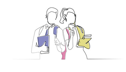 continuous line back to school.one line drawing of male and female students standing with bags and books.education single line concept