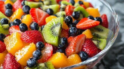 Obraz premium A close-up of a colorful fruit salad in a glass bowl, with strawberries, blueberries, kiwi, and orange slices, fresh and vibrant