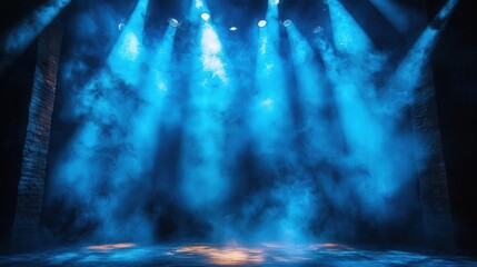 illuminating blue spotlights casting dramatic shadows on a stage floor creating a mysterious ambiance perfect for artistic performances or presentations