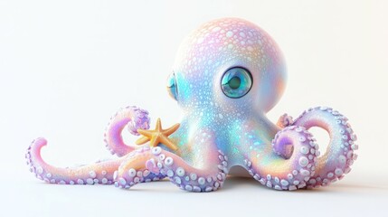 Obraz premium A cute, iridescent octopus with big blue eyes and a starfish.