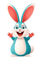 Fototapeta premium cheerful cartoon rabbit with large ears and bright blue and white body, smiling and waving its hands. This playful character is perfect for childrens themes and animations. 