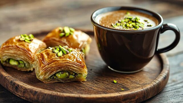 A close-up shot of baklava and coffee on a wooden tray