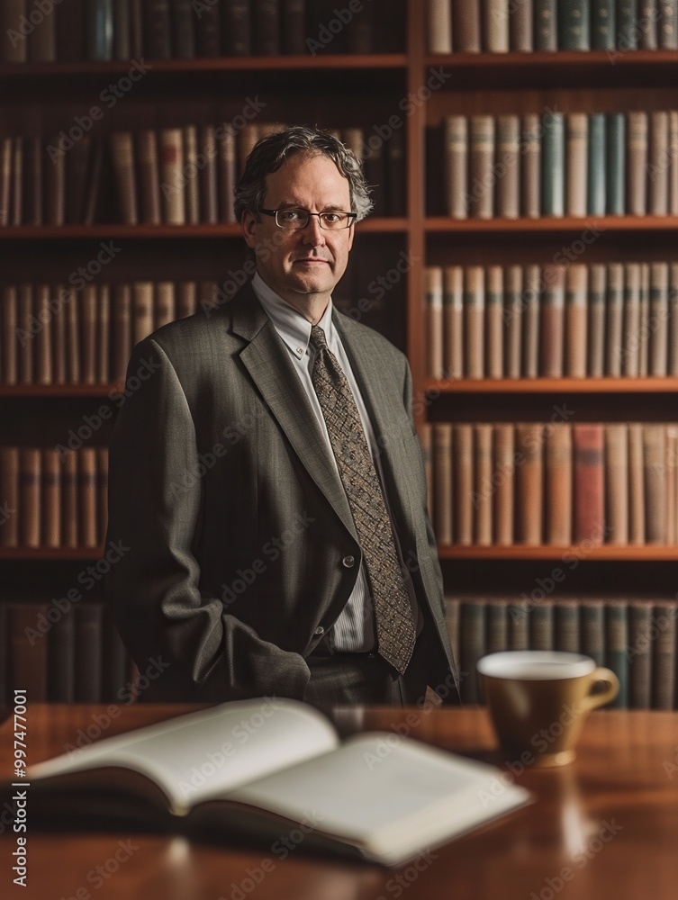 Aufkleber a distinguished professor stands confidently in front of extensive bookshelves filled with various b