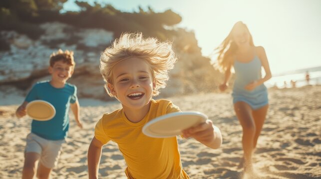 Siblings Enjoying Frisbee on the Beach