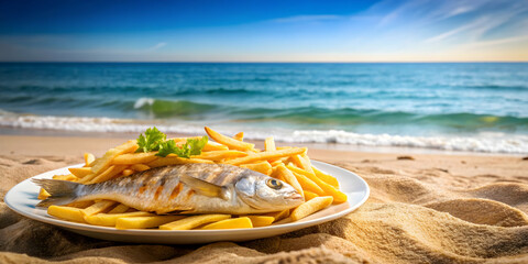Obraz premium Freshly made fish and finger chips served on the sandy beach , beach, seafood, meal, summer, relaxation, vacation