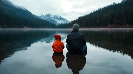Obraz premium Father and Son Enjoying a Calm Lake Moment