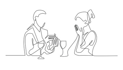 continuous line of man giving surprise to woman at romantic dinner.one line drawing of couple giving ring while eating together.one line vector illustration