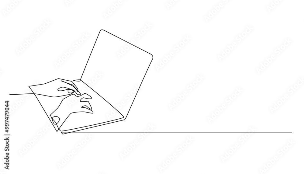 Wall mural continuous line drawing of hands typing on laptop keyboard board.one line drawing of working with la