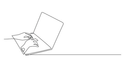 continuous line drawing of hands typing on laptop keyboard board.one line drawing of working with laptop,studying,online business.one line vector illustration