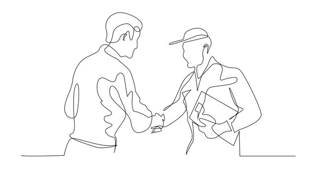 continuous line drawing of customer satisfaction.one line drawing of customer shaking hands with mechanic.one line vector illustration on white background