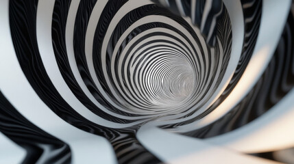 A tunnel with black and white stripes, swirling in a way that looks like a dream, created using a computer.