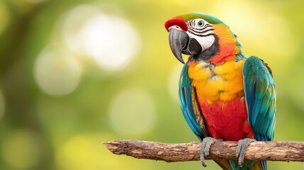 Colorful Macaw Parrot Perched on Branch in Green Nature Background
