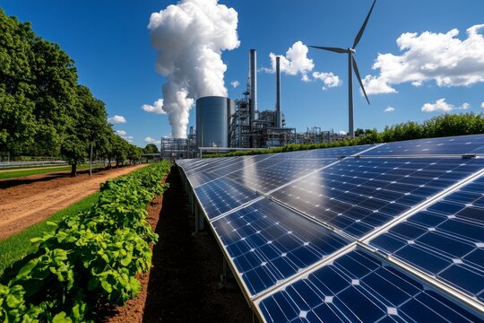 Net zero factory, where renewable energy sources like solar and wind power manufacturing processes, reducing carbon emissions to zero