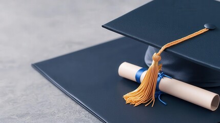 Graduation Cap  Diploma  and Tassel on Grey Background   Education Success Concept