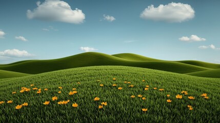 Fototapeta premium Serene Rolling Hills Landscape with Wildflowers and Blue Sky