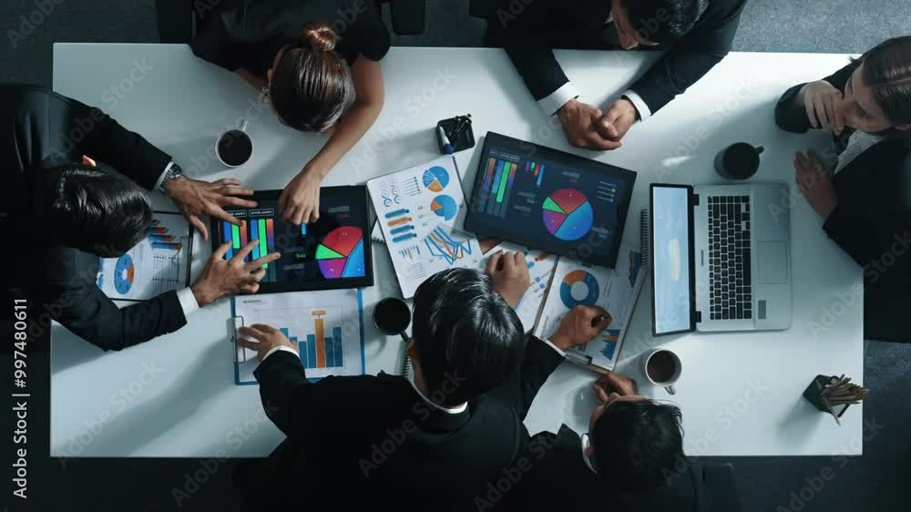 Poster top down aerial view of smart project manager present growth graph while marketing team analyze char