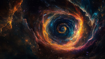 A swirling vortex of vibrant colors spins in the vast darkness of space, creating a powerful, computer-generated tornado.