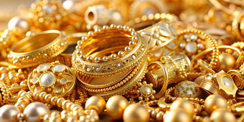 A pile of luxurious gold jewelry , gold, jewelry, pile, valuable, wealth, luxury, shiny, accessories, necklaces, bracelets