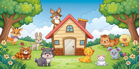 Obraz premium Cartoon house surrounded by a variety of cute animals, cartoon, house, animals, cute, adorable, cartoonish, domestic, pet