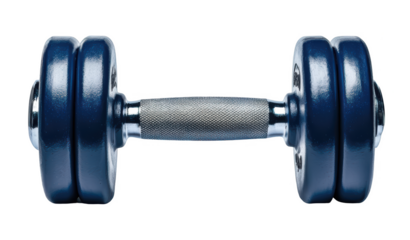blue dumbbell with textured grip, ideal for strength training and fitness routines. This equipment is perfect for building muscle and enhancing workouts. 