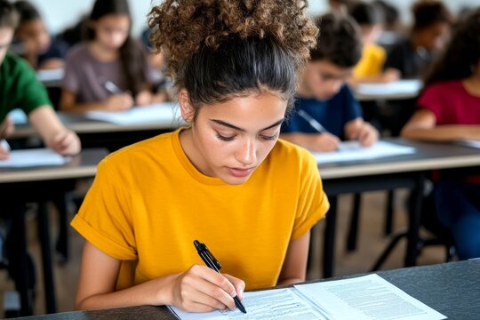 Teenager taking a reading comprehension test, focusing on analyzing a complex text and writing responses in a quiet, focused classroom
