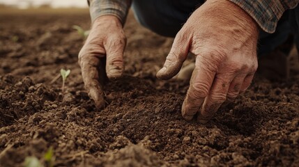 A close-up of a farmer's hands crumbling soil to check its texture and readiness for planting