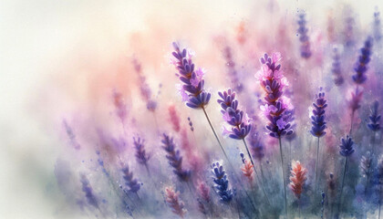 Naklejka premium Closeup view of beautiful lavender flowers blooming in blurred soft watercolor type background, copy space 