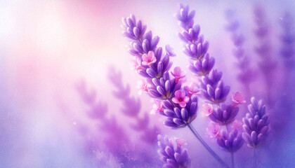 Obraz premium Closeup view of beautiful lavender flowers blooming in blurred soft watercolor type background, copy space 