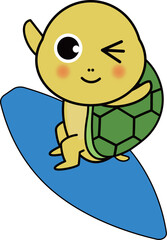 サーファーの可愛い・ゆるい亀のキャラクターイラスト