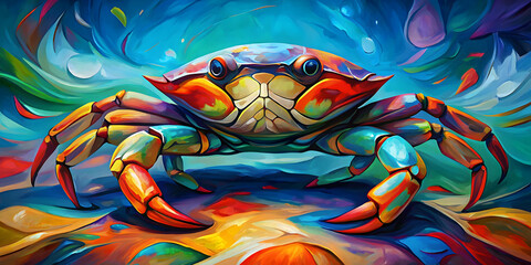 Fototapeta premium Colorful and creative cubism oil painting of a crab , vibrant, artistic, abstract, modern, art, painting, colorful, vibrant