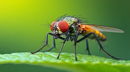 Green Fly with Large Red Eyes Perched on a Leaf