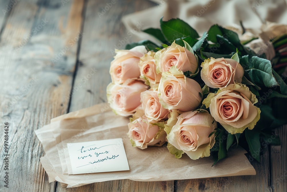Poster A bouquet of delicate roses rests on a rustic wooden table alongside a small, heartfelt handwritten note. Generative AI