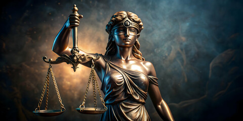 Fototapeta premium Closeup of the bronze statue of blindfolded Themis holding scales and a sword, with dramatic lighting, Justice, Themis, statue