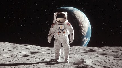Obraz premium Astronaut on Moon Surface with Earth in Background Space Exploration Sci Fi
