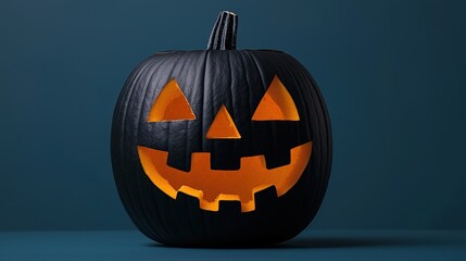 Black Jack O Lantern Pumpkin with Glowing Face on Blue Background