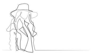 one line drawing of woman with jacket and hat.line sketch of fashionable clothing of urban woman