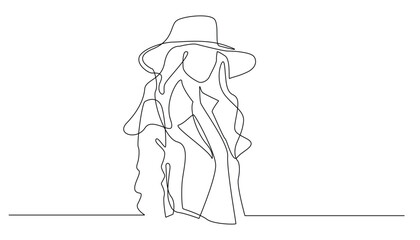 continuous line of women's fashionable clothes with hats.single line of women with leather jackets and big hats