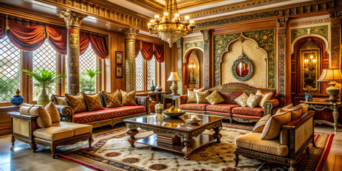Obraz premium Luxurious Indian living room with intricate decor and elegant furniture, luxury, Indian, living room, intricate