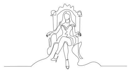 continuous line of the princess sitting on the throne.single line of the young catik happy royal queen.sitting on the queen's chair.drawing vector line
