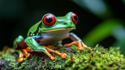 Red-Eyed Tree Frog Perched on Mossy Branch