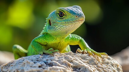 Obraz premium Green Lizard Perched on a Rock with a Curious Gaze