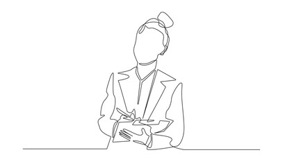 continuous line of administrative worker woman.one line drawing of office worker woman writing.single line vector illustration