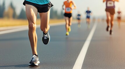 Fototapeta premium Runners compete in a marathon, showcasing athleticism and determination on a sunlit road surrounded by trees.