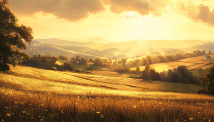 Obraz premium A sun-kissed landscape with warm golden hues over a quiet countryside, radiating tranquility and peace