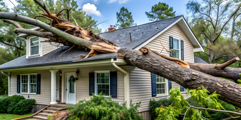 Fallen tree on roof of a house after hurricane , hurricane, fallen tree, destruction, house