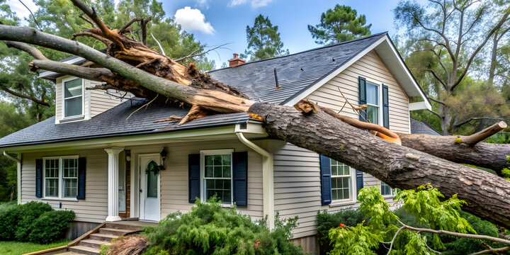 Fallen tree on roof of a house after hurricane , hurricane, fallen tree, destruction, house