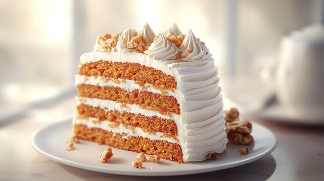 Carrot cake topped with swirls of cream cheese frosting and garnished with crushed walnuts, served with a side of whipped cream