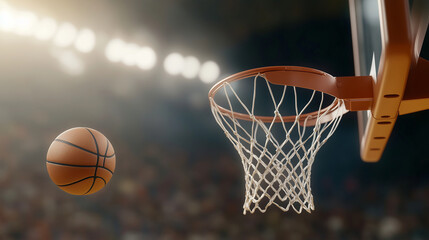 An image of a basketball going through a hoop after a rebound.