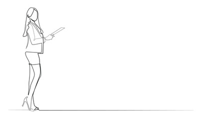 continuous line drawing of sexy office woman.single line vector of sexy young woman office worker holding work report paper.isolated white background